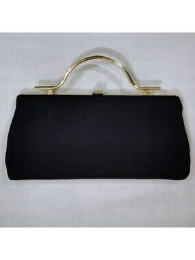Vintage Black Fabric Evening Clutch Purse Gold Tone Fold Away Handle Formal Bag